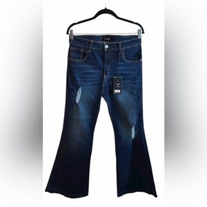 Lucky & Blessed Flare Jeans Size 14 Dark Wash Wide Leg Distressed Details